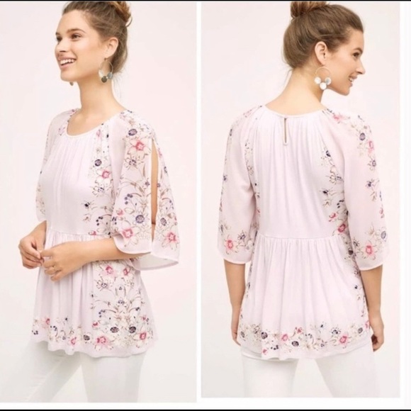 Anthropologie Tops - Anthropologie Blush Pink Garden Boarder Flutter-Sleeve Blouse 🌿